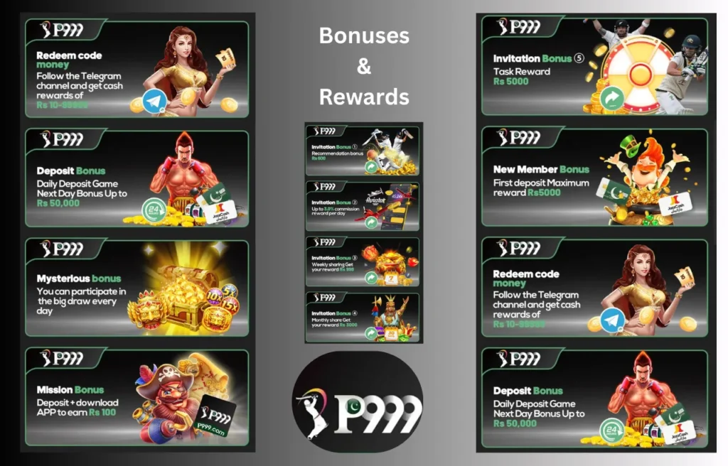 Details of bonuses, rewards, and earning offers provided by the P999 Game App to new and existing users.